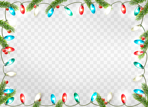Christmas holiday decoration with branches of tree and garland on transparent background. Vector.