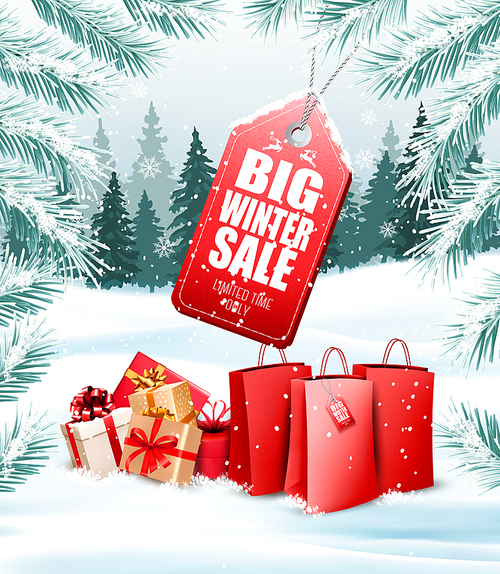 Winter Sale Tag on christmas background with branches of tree and shopping bags. Vector