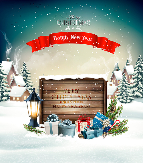 Merry Christmas Background with presents and wooden board. Vector