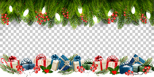 Christmas holiday frame with branches of tree and gift boxes on transparent background. Vector.