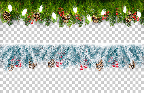 Two Christmas holiday boards with branches of tree and pine and garland on transparent background. Vector.