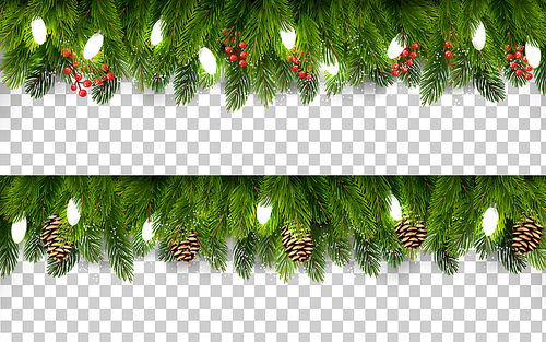 Two Christmas holiday boards with branches of tree and pine and garland on transparent background. Vector.