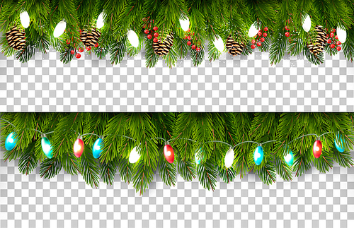 Two Christmas holiday boards with branches of tree and pine and garland on transparent background. Vector.