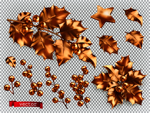 Christmas decorations. Golden holly 3d realistic vector icon set