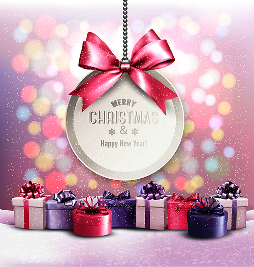 Holiday Christmas background with getting card and a colorful presents. Vector.
