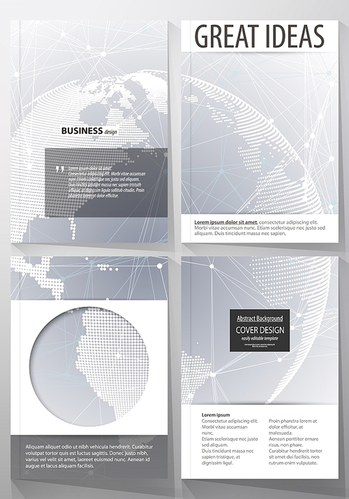 The vector illustration of the editable layout of four A4 format covers with the circle design templates for brochure, magazine, flyer. Technology concept. Molecule structure, connecting background