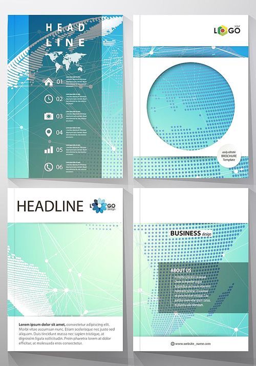 The vector illustration of the editable layout of four A4 format covers with the circle design templates for brochure, magazine, flyer. Chemistry pattern, molecule structure, geometric design background.