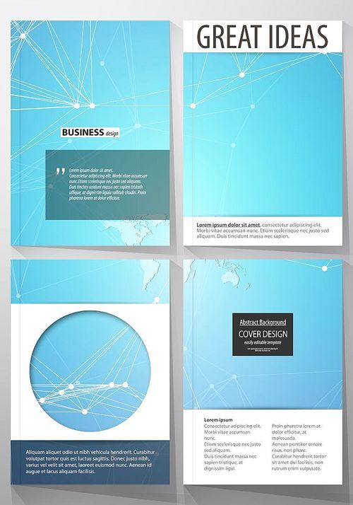 The vector illustration of the editable layout of four A4 format covers with the circle design templates for brochure, magazine, flyer. Molecule structure. Science, technology concept. Polygonal design.