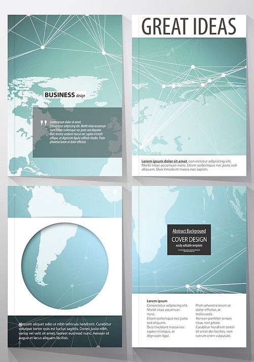 The vector illustration of the editable layout of four A4 format covers with the circle design templates for brochure, magazine, flyer. Chemistry pattern, molecule structure, geometric design background.