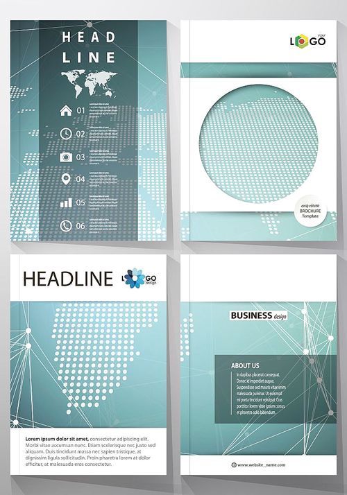 The vector illustration of the editable layout of four A4 format covers with the circle design templates for brochure, magazine, flyer. Chemistry pattern with molecule structure. Medical DNA research