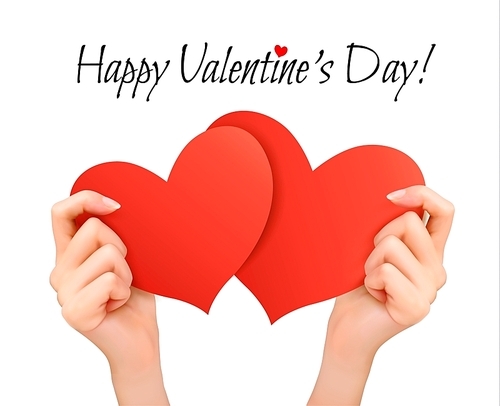 Holiday valentine background with hands holding two red hearts. Vector