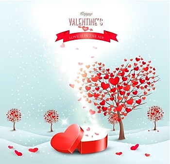 Valentine's day landscape with heart shaped trees and a magic gift box. Vector.