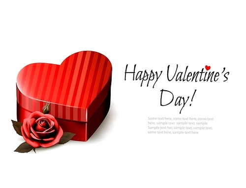 Holiday vintage Valentine`s day background. Red rose with red heart-shaped gift box. Vector