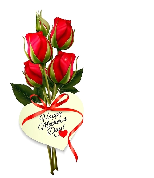 Red roses with a heart-shaped Happy Mother's Day note and red ribbon. Vector.