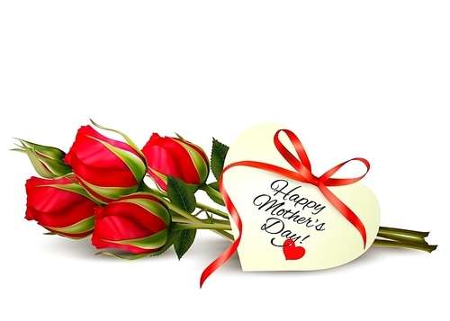 Three red roses with a heart-shaped Happy Mother's Day note and red ribbon. Vector.