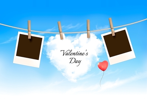 Heart shaped cloud on rope and photos. Valentine's day background. Vector