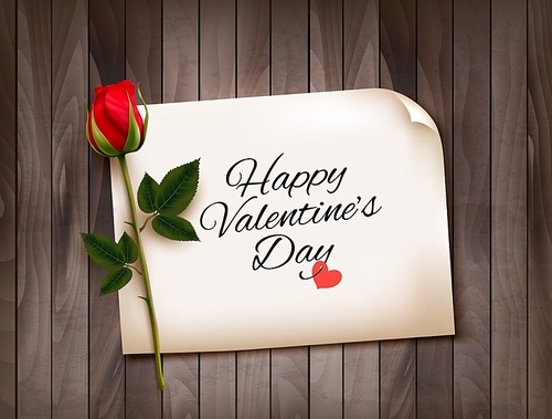 Happy Valentine's Day background with a note on a wooden wall and a red rose. Vector.