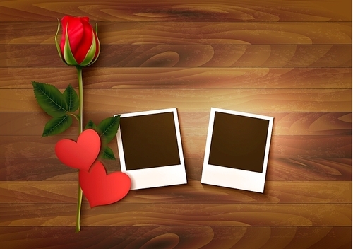 Valentine's day background with two photos, hearts, and a rose. Vector.