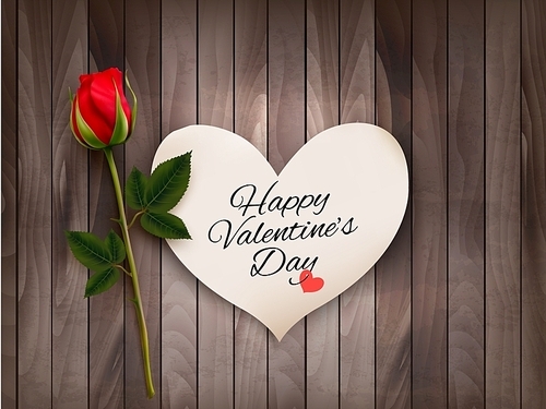 Happy Valentine's Day background with a note on a wooden wall and a red rose. Vector.