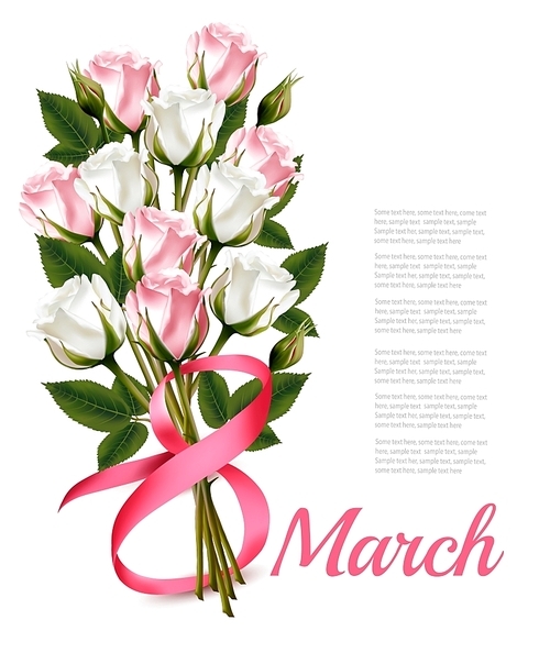 8th March vintage illustration. White and pink roses bouquet. Vector.