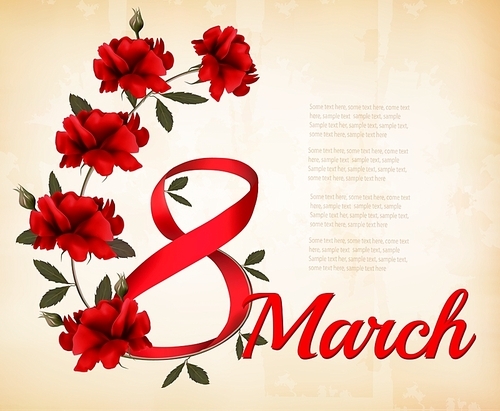 8th March illustration with red roses. International Women's Day. Vector.