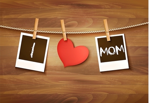 Photos hanging on a clothesline, spelling out I love mom. Mother's Day background. Vector.