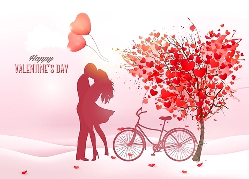 Valentine's Day background with a kissing couple silhouette, heart shaped tree and a box. Vector.