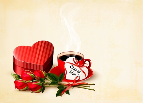 Holiday Valentine`s day background. Red roses with red heart-shaped gift box. Vector