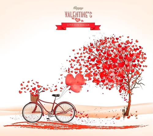 Valentine's Day background with a heart shaped tree and a bicycle. Vector.