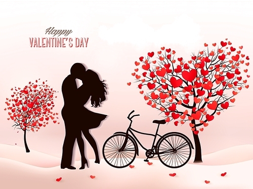 Valentine's Day background with a kissing couple silhouette, heart shaped tree and a box. Vector.