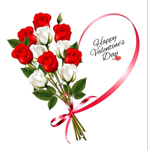 Happy Valentine's Day beautiful background with roses and red ribbon Vector.