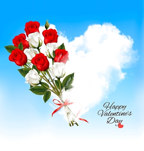 Valentine background with heart cloud and red flowers. Vector.