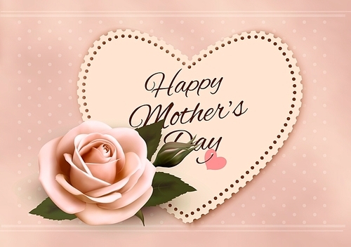 Happy Mother's Day background with a heart-shaped card and pink rose. Vector.