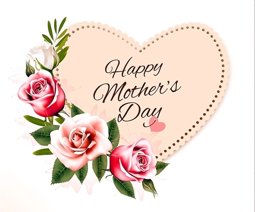 Happy Mother's Day background with a heart-shaped card and colorful flowers. Vector.