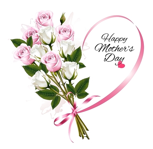 Happy Mother's Day note with colorful roses and ribbon. Vector background.