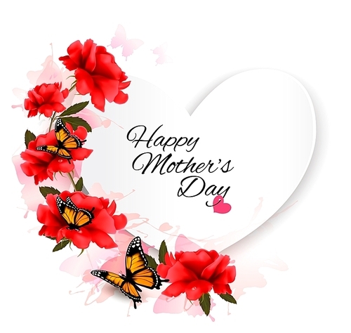 Happy Mother's Day note with colorful flowers and butterfly. Vector background.