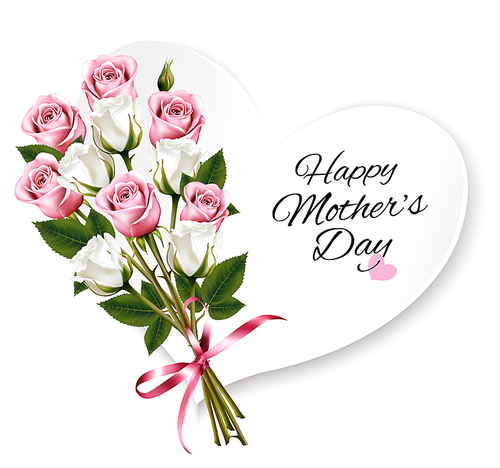 Bouquet of roses with a heart-shaped Happy Mother's Day note and red ribbon. Vector.