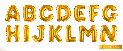 Alphabet part 1. Golden inflatable toy balloons. Letters A - N. 3D realistic font. Vector icon set