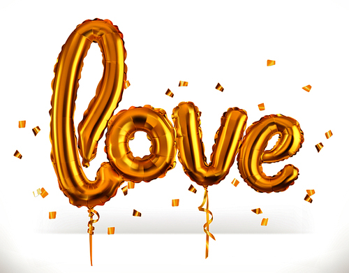 Golden toy balloons. Love. Valentine's Day, 3d vector icon