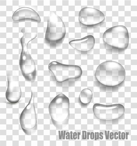 Drops of water on a transparent background. Vector.