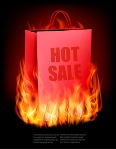 Hot sale background with shopping bag and fire. Vector.