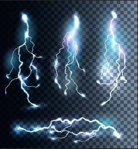 Set of transparent electric lightning bolts. Vector.