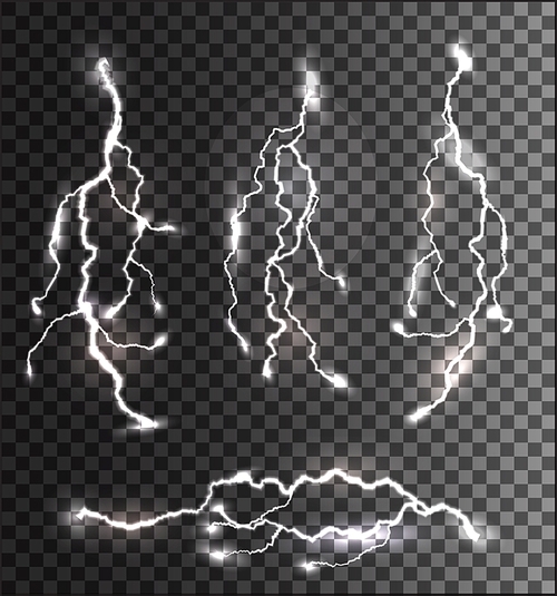 Set of different lightning bolts on a transparent background. Vector.