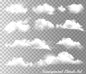 Big set of transparent different clouds and sun. Vector.