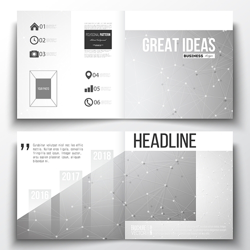 Vector set of square design brochure template. Molecular construction with connected lines and dots, scientific or digital design pattern on gray background.