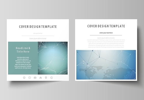 The minimalistic vector illustration of the editable layout of two square format covers design templates for brochure, flyer, magazine. Chemistry pattern, connecting lines and dots. Medical concept