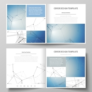 Business templates for square design bi fold brochure, magazine, flyer, booklet or annual report. Leaflet cover, abstract flat layout, easy editable vector. Geometric blue color background, molecule structure, science concept. Connected lines and dots.