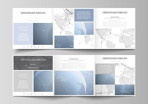 The white colored minimalistic vector illustration of the editable layout. Two creative covers design templates for square brochure. World globe on blue. Global network connections, lines and dots
