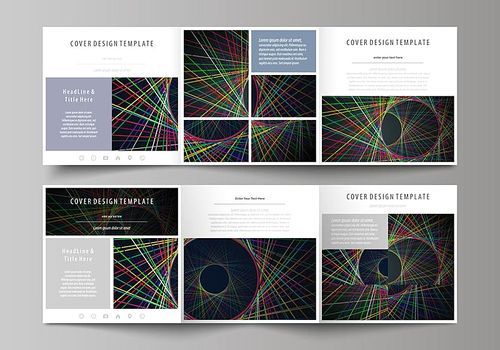 Set of business templates for tri fold square design brochures. Leaflet cover, abstract flat layout, easy editable vector. Bright color lines, colorful beautiful background. Perfect decoration