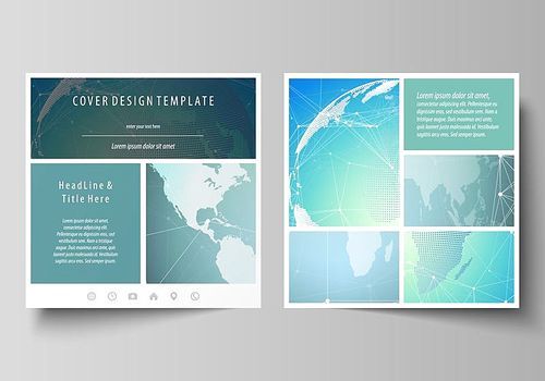 The minimalistic vector illustration of the editable layout of two square format covers design templates for brochure, flyer, magazine. Chemistry pattern, molecule structure, geometric design background.